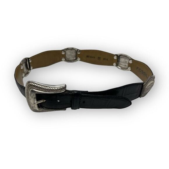 Fossil Womens Navajo Santa Fe Style Black Croc Leather Silver Belt BT2069 Medium - Picture 1 of 11